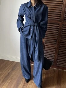 DAZY Autumn/Winter New Loose Casual Retro Distressed Design Women Denim Set - Blue - View 6