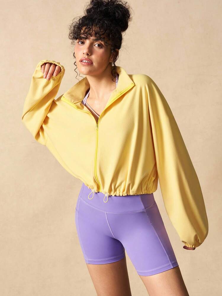 VARSIVA 女士纯色休闲短款连帽夹克，日常穿着 - 黃色 - 查看 2