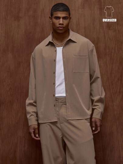 Musero Camisa de manga larga premium con botones, bolsillo delantero y pespuntes contrastantes, para otoño/invierno