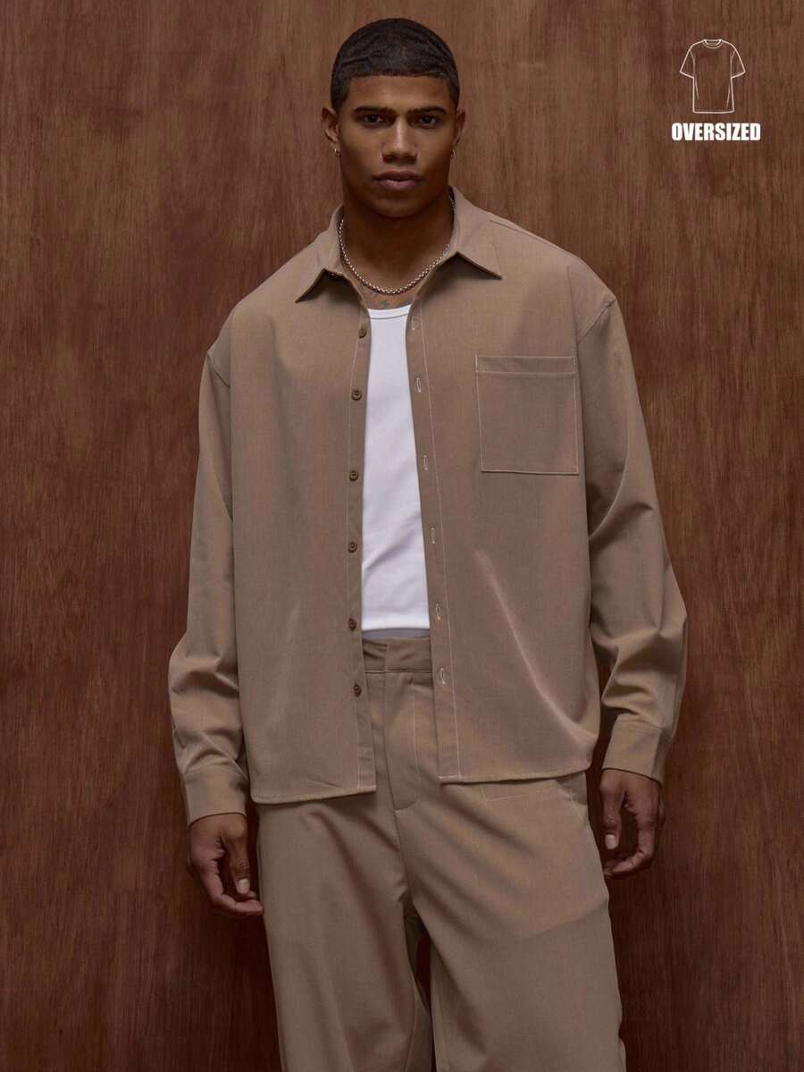 Musero Oversized Long Sleeve Premium Button Through Contrast Stitch Front Pocket Shirt Top Only Fall/Autumn Winter