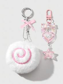 ROMWE Kawaii 3pcs Cute Fluffy Pink Plush Donut, Swirl, Resin Acrylic Butterfly, Heart, Star + 80cm White Lace Headband Combo Set, Keychain Bag Charm, Suitable For Women/Girls Daily Wear, Holiday Gift - Pink - View 6
