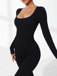 Easithlete Solid Color Long Sleeve Slim Fit Ribbed Jumpsuit