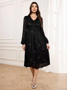 Miaspire 优雅派对女士连衣裙，网眼亮片面料泡泡袖修身喇叭裙，V 领黑色优雅中长连衣裙，适合优雅外出、派对和聚会，秋冬季 - 黑色 - 查看 5