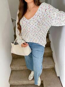 SHEIN LUNE Plus Size Polka Dot Crew Neck Sweater, Casual For Autumn/Winter Long Sleeve Sweater V-Neck Sweater Confetti Sweater Winter Clothes For Women Women's Winter Sweater Fall Clothes For Women  Office Outfits For Women,Suitable For Daily Wear, Holiday Elegant Outfits,Office Siren Style Outfits Christmas - Multicolor - View 6