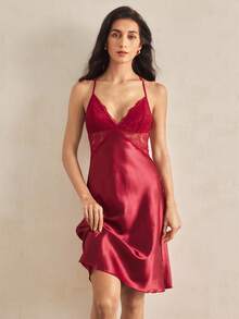Charlaine Faux Silk Lace Women's Sexy Camisole Nightgown - Burgundy - View 1