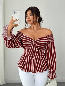 Elenzga Plus-Size Long-Sleeved Fashionable Casual Vacation Off-Shoulder Commuting Bow Christmas Red New Year Party Shirt - Burgundy - View 5