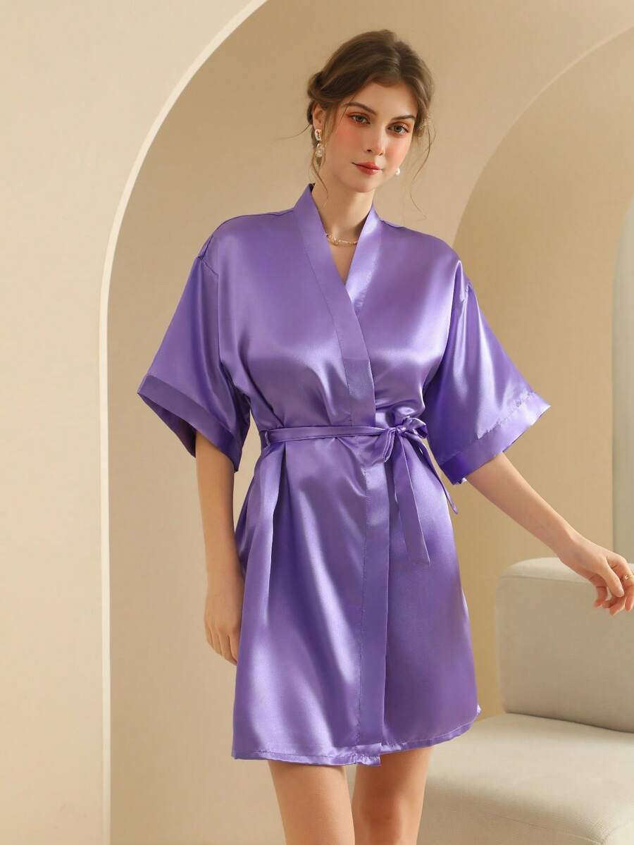 SHEIN 1 件女士纯色优雅系带短款缎面丝绸睡袍柔软睡衣新娘伴娘返校节秋冬睡衣家居服浴袍节日礼物情人节