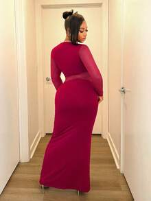 BamGleam Váy bó sát màu trơn dành cho nữ có đường viền lưới, tay dài gợi cảm - Màu Đỏ Sâu - Xem 2