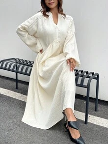 DAZY Women's V-Neck Cinched Waist Long Sleeve Loose Flared Dress Maxi Dress - White - View 6