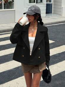 Muchica 女式短款梭织风衣，秋冬款黑色 - 黑色 - 查看 3