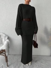 EURMUSE Conjunto De Suéter De Dos Piezas De Color Liso Para Mujer Sin Cinturón - Negro - Ver 4