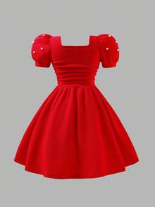 女孩优雅纹理面料方领泡泡袖串珠针织连衣裙，红色，适合正式场合、会议、派对、舞会、休闲装，春夏秋冬新款，适合圣诞派对、聚会 - 紅色 - 查看 2