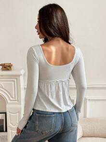 SHEIN EZwear Plus Size Light Gray Square Neck Casual Vacation T-Shirt, Spring/Summer Gray Top Women Tops Babydoll Top Grey Tops For Women/Fall/Winter - Light Grey - View 2
