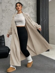 SHEIN EZwear Áo gió dài tay ve kaki cỡ lớn cho nữ, mùa thu - Màu Khaki - Xem 6