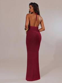 SHEIN BAE Váy len hoa hở lưng gợi cảm dành cho nữ, phù hợp cho kỳ nghỉ mùa thu/đông - Màu Đỏ Sâu - Xem 2