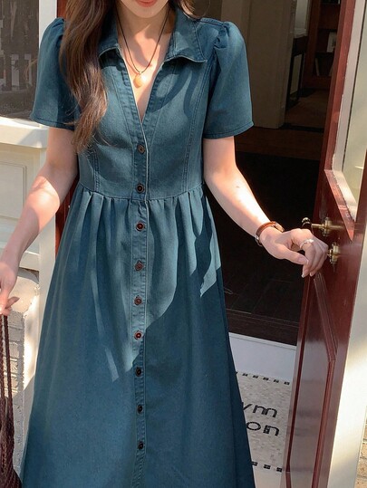 DAZY Women's Vintage Denim Short Sleeve Dress, High Waisted Slimming A-Line Maxi Denim Dress, Spring New Arrival Sundress