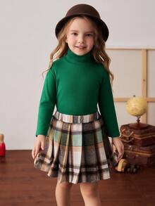 PrepCrw Young Girls' School Style Collared Long Sleeve T-Shirt And Plaid Skirt Set - Multicolor - View 1