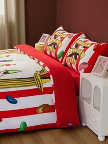 HARRY POTTER X SHEIN 三件套果冻豆印花床上用品套装，磨毛面料，柔软保暖，红色条纹被套，适用于单人床/双人床/大号床/特大号床，圣诞节礼物之选