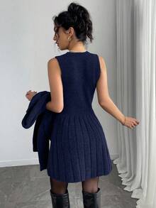 Elenzga 2pcs Set Elegant Solid Color Cardigan Knit Dress For Commuting - Blue - View 2