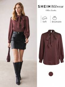 BizChic 女士棕色波尔卡圆点缎面系带长袖衬衫，都市通勤办公室商务休闲优雅正式衬衫 - 咖啡棕 - 查看 2