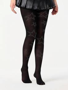 ROMWE Kawaii 2双镶钻星形图案弹力丝袜，性感可爱，适合日常穿着、派对、舞会、紧身穿着 - 彩色 - 查看 9