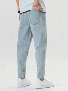 Manfinity EZcore 男士斜口袋牛仔裤，纯色长款水洗直筒浅蓝色工装牛仔裤浅色牛仔裤，适合送给老公、男朋友的礼物