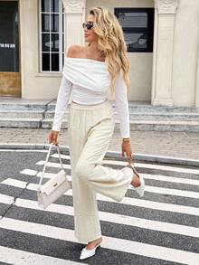 SHEIN Frenchy Women's Casual Khaki Apricot-Colored Slant-Pocket Textured Sequined Elastic Waist Pants For Everyday Casual And Party Wear - Apricot - View 5