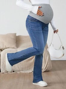 SHEIN 孕妇装 秋季 秋冬 万圣节 圣诞节 国庆节 2000年代 街头风 生日 夜店 外出 俱乐部 裤装 机场 商务休闲 女装 乡村 复古 朴素 老钱 商务休闲 女装 工作 女教师 教堂 女装 保暖内衬牛仔裤 休闲水洗喇叭蓝色牛仔裤 时尚孕妇喇叭牛仔裤 女款罗纹高腰拼接弹力牛仔喇叭裤 适合准妈妈 - 藍色 - 查看 5