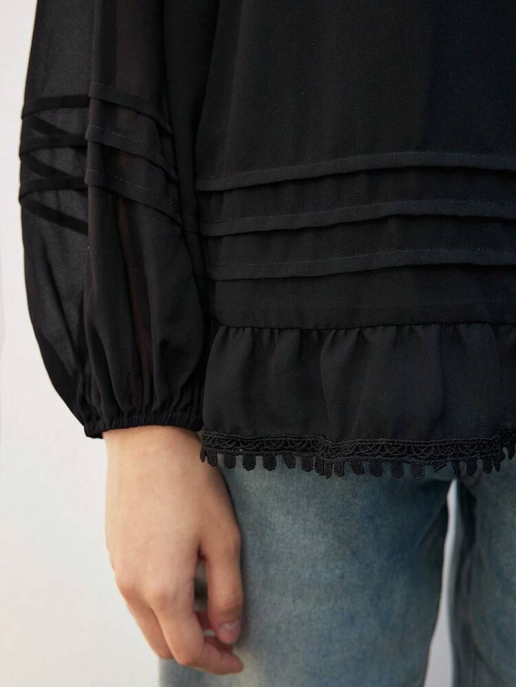 SHEIN Maija Women's Casual Solid Color Minimalist Tie Front Long Sleeve Black Blouse, Modern Vacation Casual Fashion Country Concert Top Beach Clothing, Bohemian Style Vacation Wear, Ins Celebrity Same Style Vacation Style, Exotic Atmosphere, Country Concert, Western Style Clothing, High-Grade Fabric, Comfortable And Breathable,Modern Vacation Nomadic Casual Fashion All-Match Women's Country Concert Clothing Western Style Women's Clothing Nomadic Style Bohemian High-End Elegance All-Match Country Concert