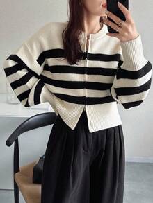 FRIFUL Women's Beige Round Neck Loose Casual Cardigan With Black Stripes, Metal Double-Zipper Cuffs, Versatile For Autumn - Black - View 6