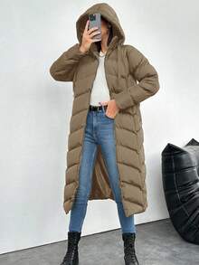 EURMUSE Women's Solid Color Hooded Drawstring Long Cotton Padded Coat, Winter - Camel - View 1