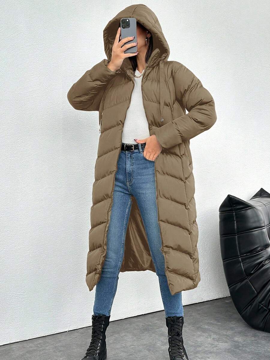 EURMUSE Women's Solid Color Hooded Drawstring Long Cotton Padded Coat, Winter - Camel - View 1