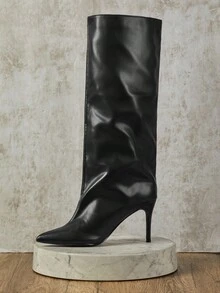 SHUZIA New Versatile Women's Black Faux Leather Pu Knee-High Comfortable High Heel Slip-On Style Chic Sophisticated Holiday Fun Boots Fall Winter For Christmas Valentine's Day - Black - View 3