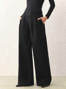 SHEIN Frenchy 女式高腰褶皱阔腿宽松休闲百搭牛仔裤 - 黑色 - 查看 5