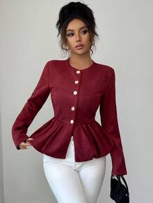 Selianne Women's Elegant Commuter Solid Color Ruffle Hem Jacket - Red - View 6