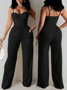 INAWLY Bộ đồ 2 món cỡ lớn dành cho nữ: Áo hai dây ôm sát gợi cảm và quần ống đứng, giản dị và thanh lịch - màu đen - Xem 1