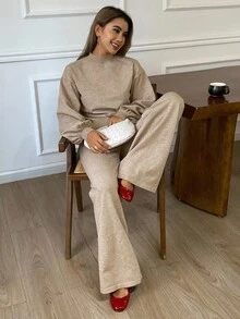 DAZY Women's Casual Solid Color Mandarin Collar Lantern Sleeve Sweater & Pants 2 Pieces Set, Autumn - Khaki - View 6