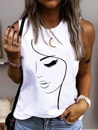 EMERY ROSE Lässiges, minimalistisches Damen-Tanktop mit seitlichem Profildruck, weite Passform, ärmellos, Rundhalsausschnitt, geeignet für den Sommer, Lässig