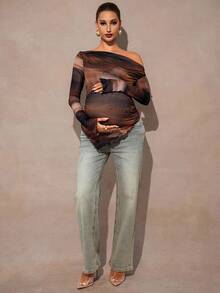 MaterniChic 孕妇斜肩长袖荷叶边下摆T恤