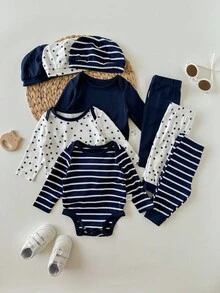 Bộ đồ sơ sinh 3 món cho bé gái, bộ đồ liền thân dài tay họa tiết sọc sao dễ thương, thường ngày, quần, mũ - Nhiều màu - Xem 5