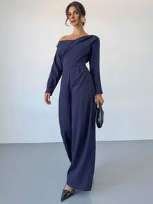 Firerie Macacão feminino azul-marinho, cor sólida, manga comprida, cintura plissada, pernas largas, extra longo, elegante e generoso, macacão feminino formal, elegante, romântico, assimétrico, cruzado, traje feminino para professora, macacão feminino para o dia a dia, roupa primavera, outono e inverno, elegante, para o dia a dia, casual, diário, minimalista, traje de trabalho - Azul marinho - Ver 3