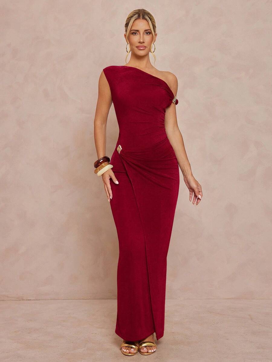Lumalex Asymmetric Shoulder Exposed Shoulder Metal Decor Waist Fitted Dress For Women - Red - View 1