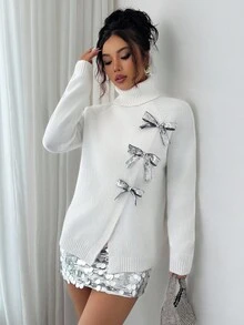 Elenzga Damen eleganter Pullover, Langarm, Schleifendekor, weich und bequem, geeignet für den Alltag, Herbst/Winter - Weiss - Übersicht 3