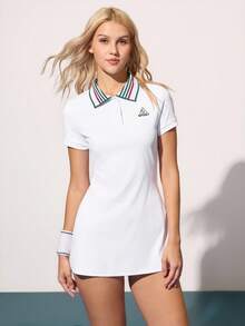 CourtClass Women's Customized Contrast Color Ribbed Collar Personalized Sports Print A-Line Fitted Sporty Casual Everyday Dress Tennis Dress Athletic Dress Women Golf Apparel Golf Dress Women Tennis Apparel Short Sleeve Tennis Dress Tennis Clothes For Women Golf Polo Women Golf Tennis Dress