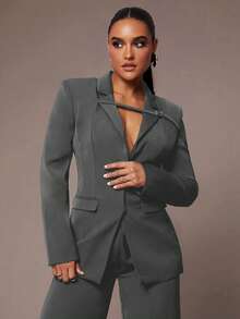 Silquee Conjunto de traje elegante de oficina para mujer, unicolor negro, diseño ajustado con blazer avanzado + pantalones anchos simples. Conjunto de traje adecuado para Acción de Gracias, Navidad, Año Nuevo. Traje de pantalón ancho para mujer.