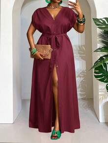 Veslaya Plus Size Summer Vacation Casual Solid Color Front Button Long Dress - Burgundy - View 9