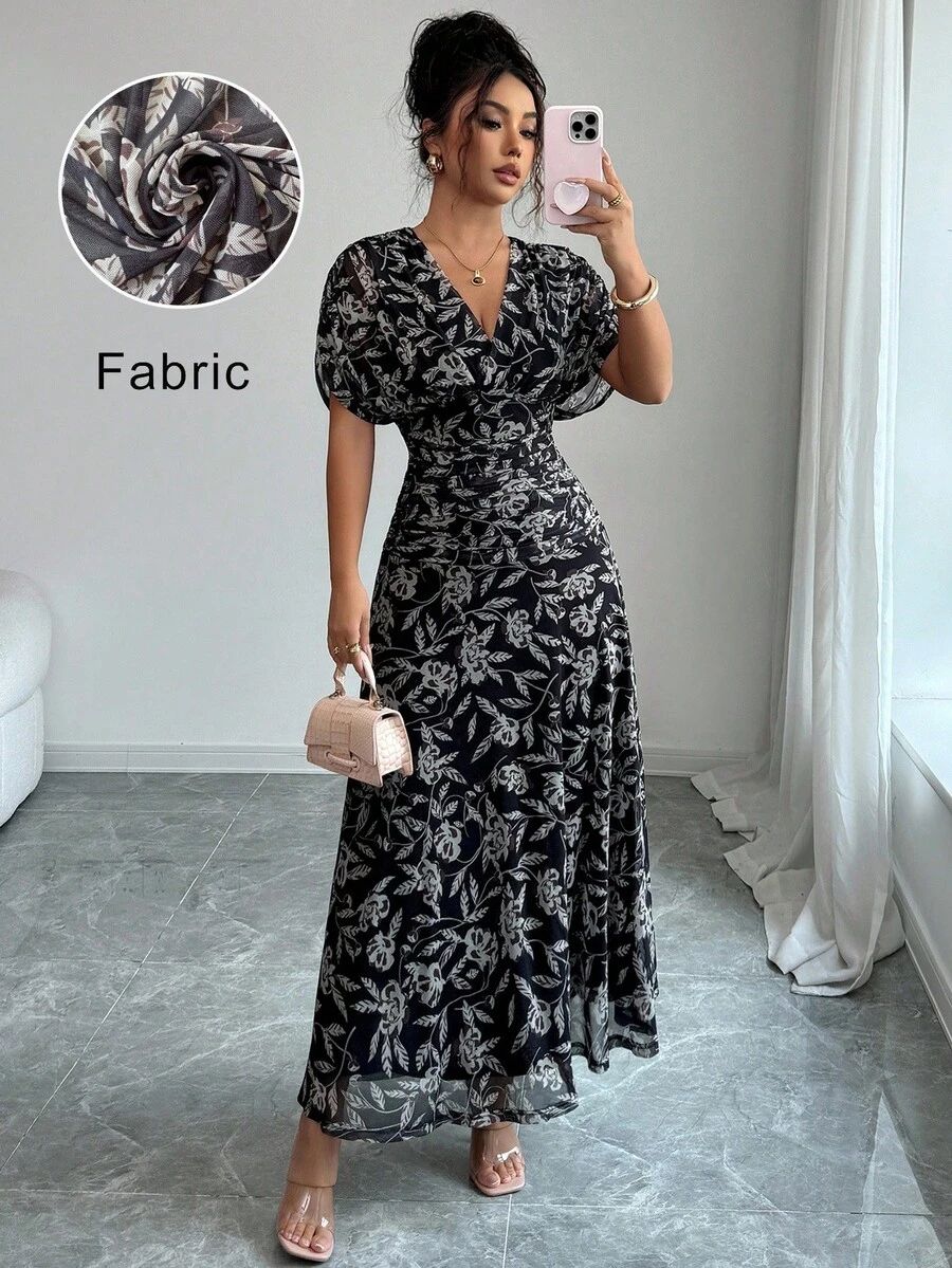 Elenzga 女士优雅法式度假宽松 V 领落肩褶皱 A 字连衣裙，适合海滩、下午茶、派对 - 黑色 - 查看 1