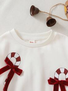 Cozy Pixies 2 Stücke/Set Kleine Mädchen Weihnachten Candy Cane Farbblock Schleife Dekor Rundhals Langarm Kapuzen Sweatshirt und Jogginghose mit elastischem Bund - Rot - Übersicht 6