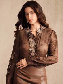 Anewsta Women's Elegant Floral Patchwork Long Sleeve Blouse, Suitable For Commuting