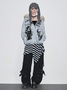 ROMWE Áo nỉ lông cừu in hình đầu lâu chữ đen Halloween kiểu cũ - Xám - Xem 2